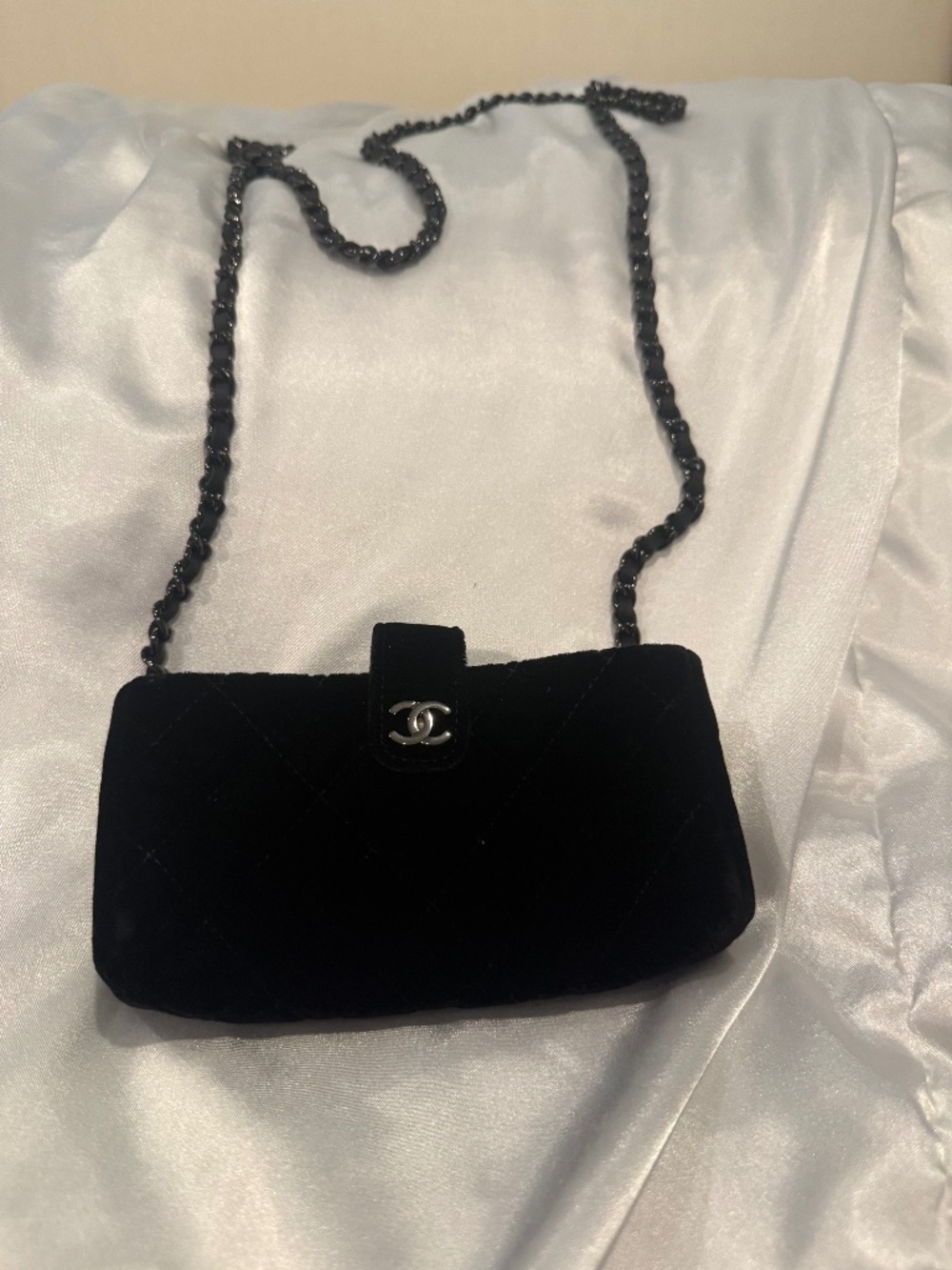 Chanel Black Velvet Quilted mini Phone Holder Crossbody